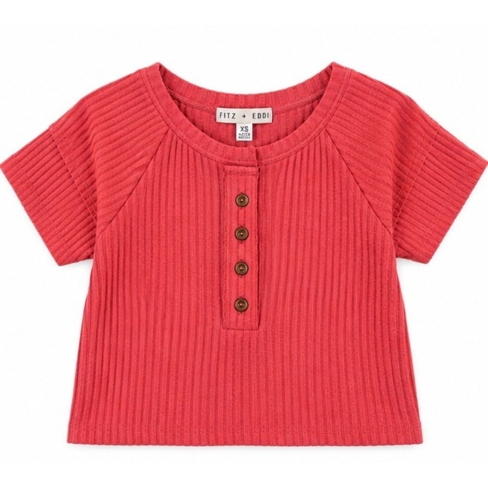 Fitz + Eddi Womens Red Ribbed Henley Short Sleeve Cropped Top XS